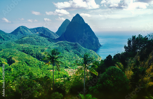 Obraz na płótnie Saint Lucia. The Pitons volcanic twin peaks above town of Soufriere on the West Indies Caribbean island of St. Lucia w salonie