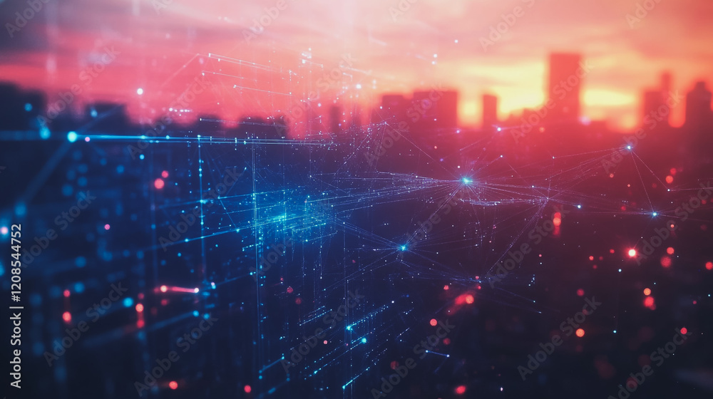 Fototapeta premium Smart digital Innovation city with connection network reciprocity over the cityscape. of future smart wireless digital city and social media networking systems that connects people with in city