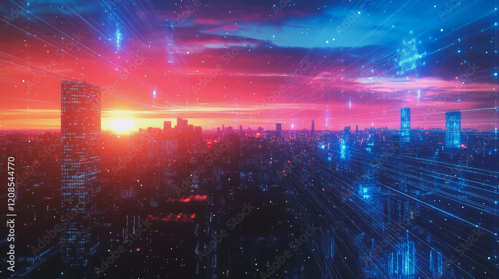 Obraz premium Smart digital Innovation city with connection network reciprocity over the cityscape. of future smart wireless digital city and social media networking systems that connects people with in city