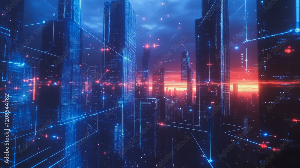 custom made wallpaper toronto digitalSmart digital Innovation city with connection network reciprocity over the cityscape. of future smart wireless digital city and social media networking systems that connects people with in city