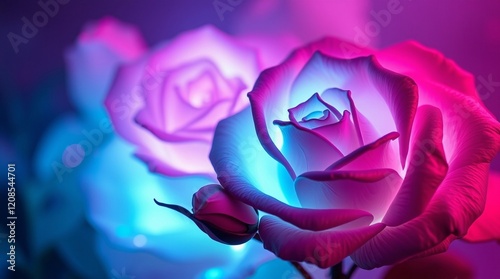Neon Rose Background: Soft petals texture, glowing neon light, vibrant and futuristic