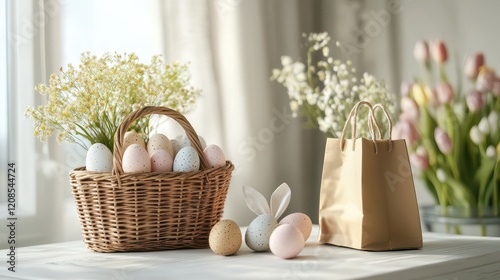 Beautiful easter basket with eggs and gift bag on a bright spring day