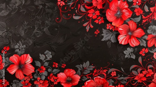  Red and black Khokhloma floral pattern with ornate traditional Russian design on a dark background.