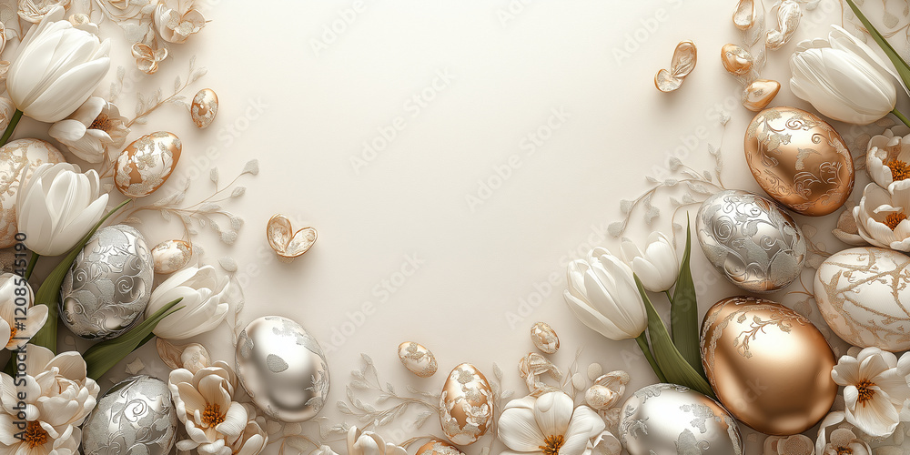 A classy Easter decoration border with metallic silver and gold eggs, white tulips, and intricate filigree designs, ideal for elegant and formal events. A classy Easter decoration border with metallic silver and gold eggs, white tulips, and intricate filigree designs, ideal for elegant and formal events.