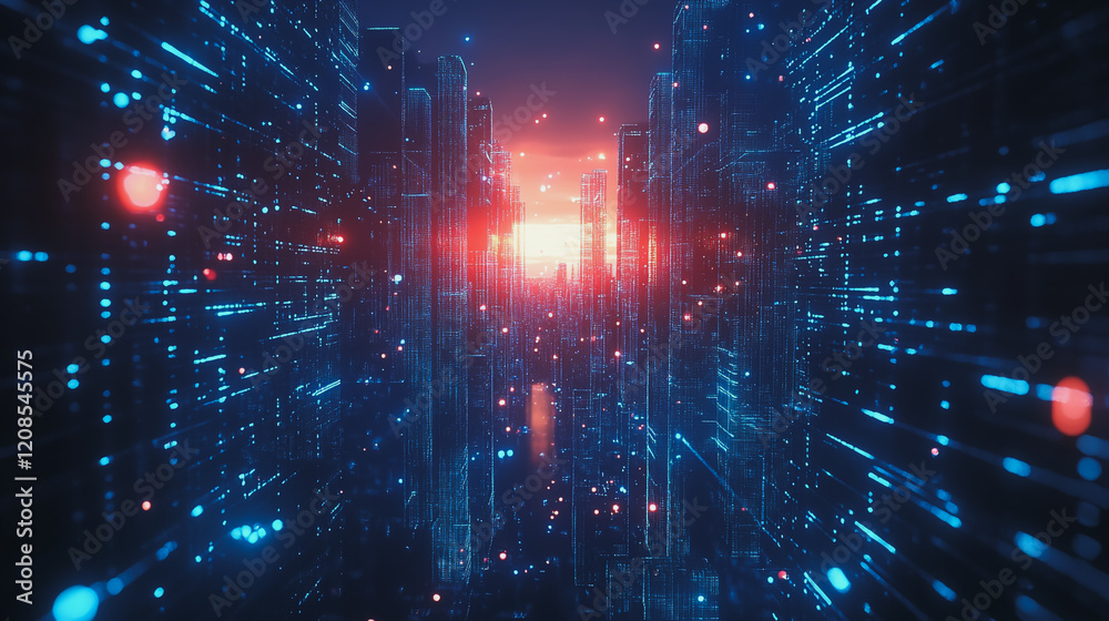 Obraz premium Smart digital Innovation city with connection network reciprocity over the cityscape. of future smart wireless digital city and social media networking systems that connects people with in city
