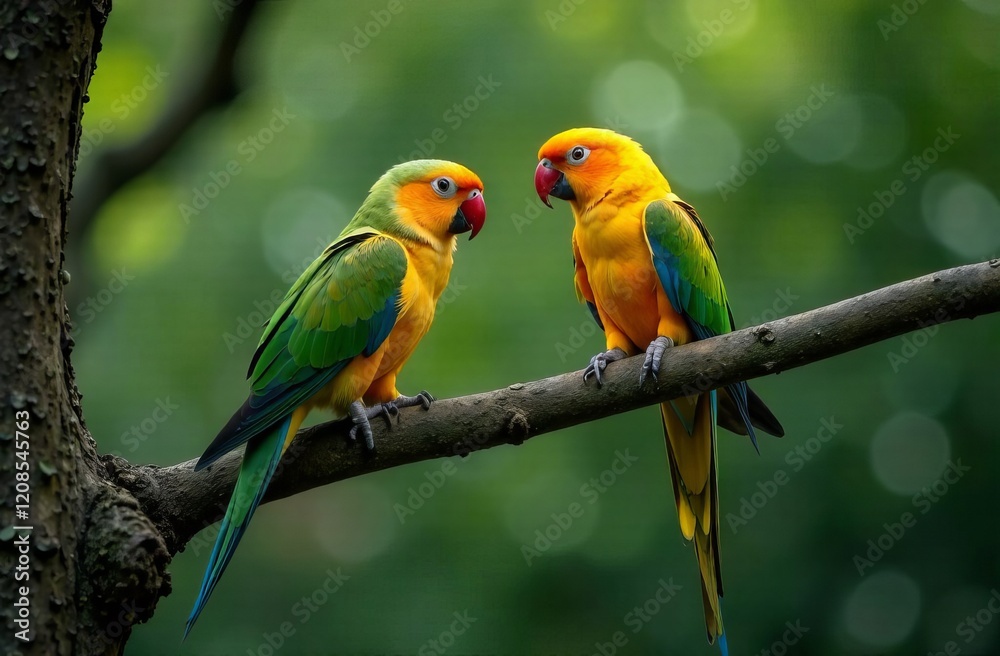 Obraz premium two bright exotic yellow parrots sitting on a branch on a green background