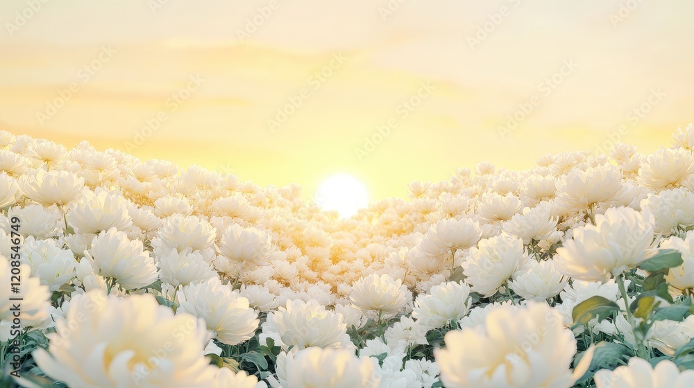 Vast field of white flowers under a golden sunset Vast field of white flowers under a golden sunset