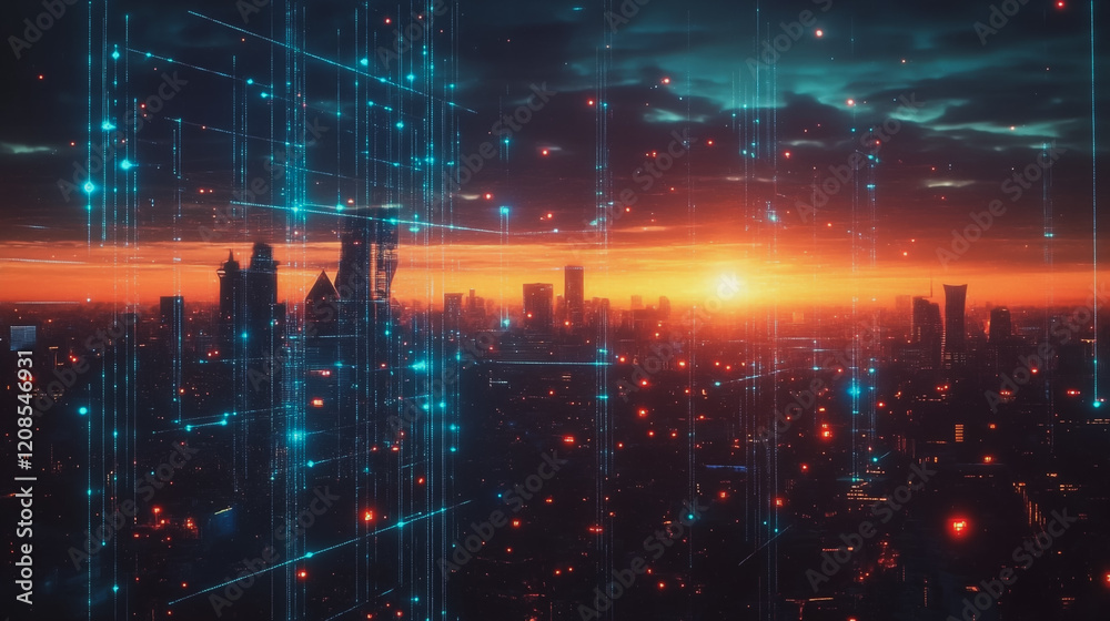 custom made wallpaper toronto digitalSmart digital Innovation city with connection network reciprocity over the cityscape. of future smart wireless digital city and social media networking systems that connects people with in city