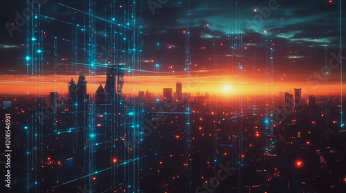 Wallpaper Mural Smart digital Innovation city with connection network reciprocity over the cityscape. of future smart wireless digital city and social media networking systems that connects people with in city Torontodigital.ca