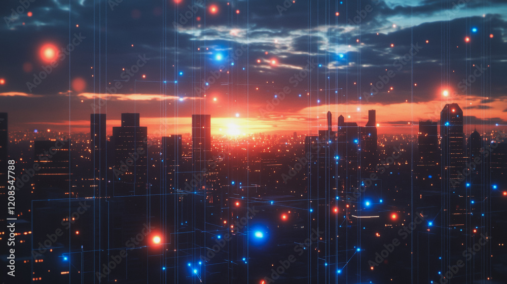 Obraz premium Smart digital Innovation city with connection network reciprocity over the cityscape. of future smart wireless digital city and social media networking systems that connects people with in city