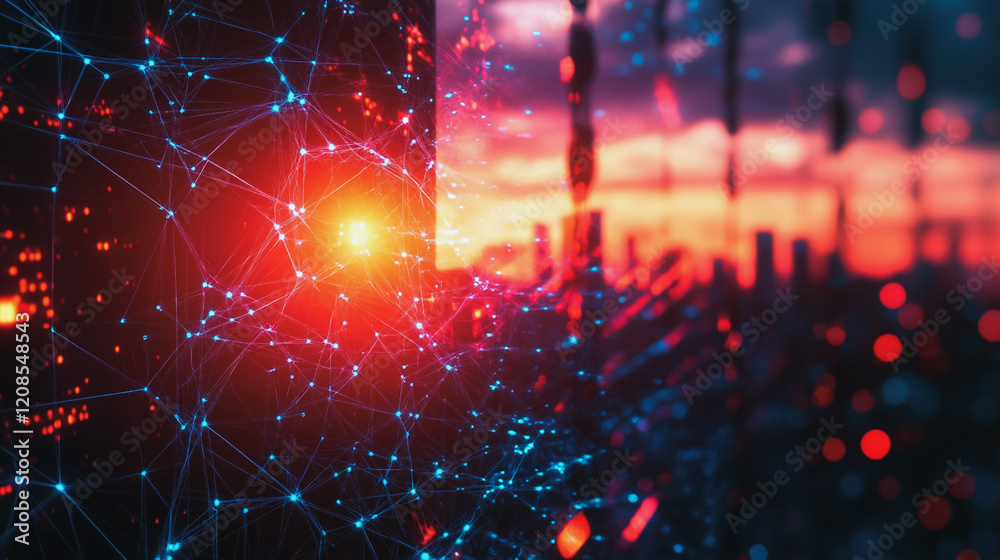 Fototapeta premium Smart digital Innovation city with connection network reciprocity over the cityscape. of future smart wireless digital city and social media networking systems that connects people with in city