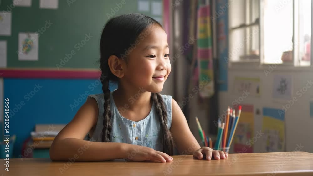 East Asian Girl in Blue Sleeveless Top with Braided Hair, Elementary Student Smiling in Colorful Classroom Video East Asian Girl in Blue Sleeveless Top with Braided Hair, Elementary Student Smiling in Colorful Classroom Video