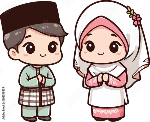 Cute muslim boy and girl. Happy Ramadan, Happy Fasting Day. Selamat Hari Raya Aidilfitri greeting card cartoon character.