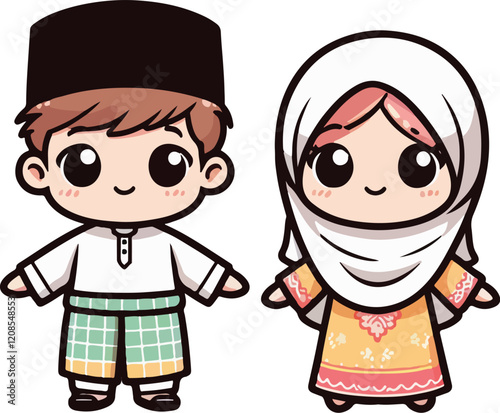 Cute muslim boy and girl. Happy Ramadan, Happy Fasting Day. Selamat Hari Raya Aidilfitri greeting card cartoon character.