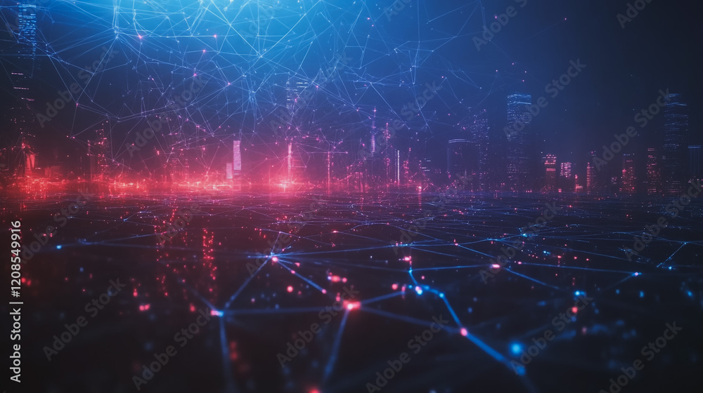 Obraz premium Smart digital Innovation city with connection network reciprocity over the cityscape. of future smart wireless digital city and social media networking systems that connects people with in city