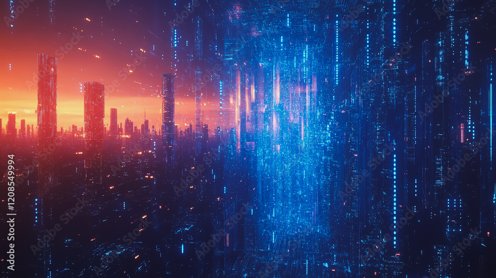 Obraz premium Smart digital Innovation city with connection network reciprocity over the cityscape. of future smart wireless digital city and social media networking systems that connects people with in city