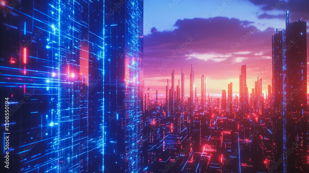 Obraz premium Smart digital Innovation city with connection network reciprocity over the cityscape. of future smart wireless digital city and social media networking systems that connects people with in city