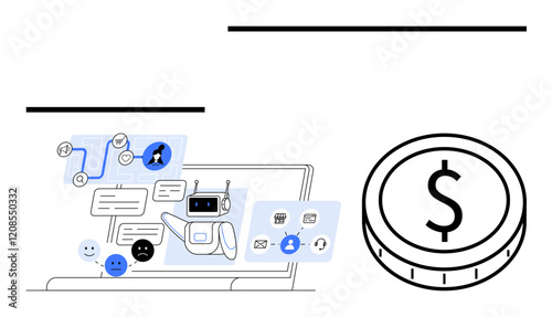 Laptop screen displays AI chatbot interacting with user feedback, icons of emotions, and messages. Large dollar coin reflects business success. Ideal for automation, customer service, tech, finance