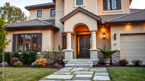 Luxury Home Exterior: Modern Architectural Design, Landscaping, and Elegant Entrance.  Discover the epitome of refined residential living in this stunning property.