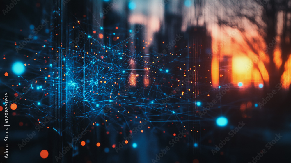 Fototapeta premium Smart digital Innovation city with connection network reciprocity over the cityscape. of future smart wireless digital city and social media networking systems that connects people with in city