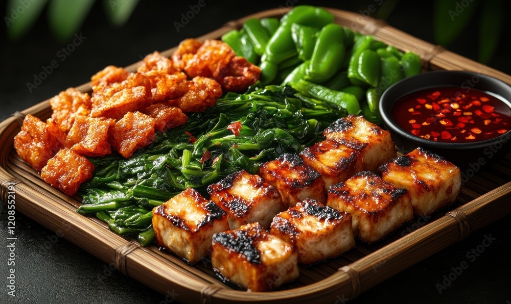 Grilled tofu, crispy pork, greens, chili sauce. Grilled tofu, crispy pork, greens, chili sauce.