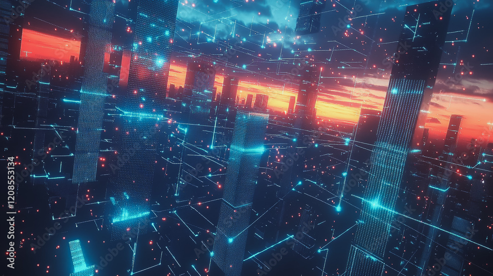 Fototapeta premium Smart digital Innovation city with connection network reciprocity over the cityscape. of future smart wireless digital city and social media networking systems that connects people with in city