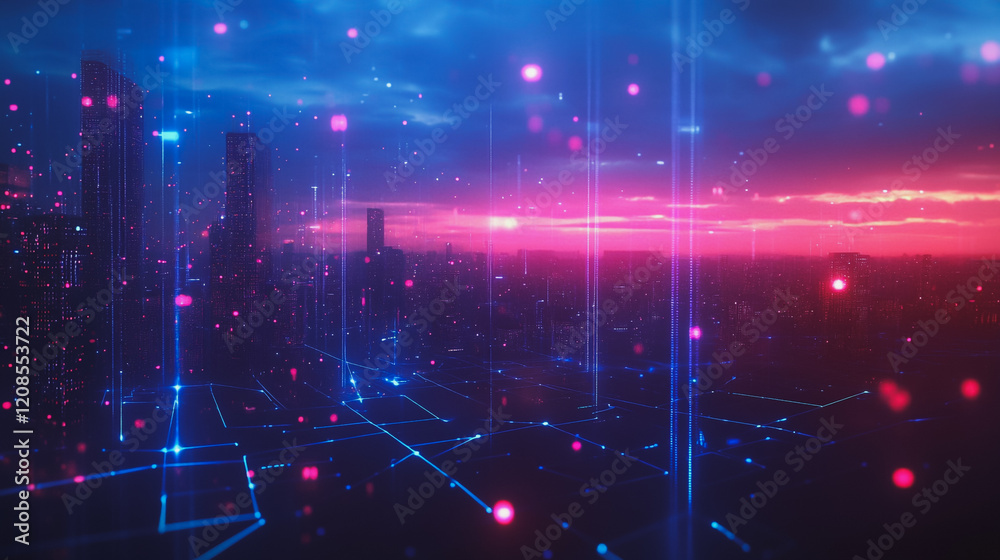 Obraz premium Smart digital Innovation city with connection network reciprocity over the cityscape. of future smart wireless digital city and social media networking systems that connects people with in city