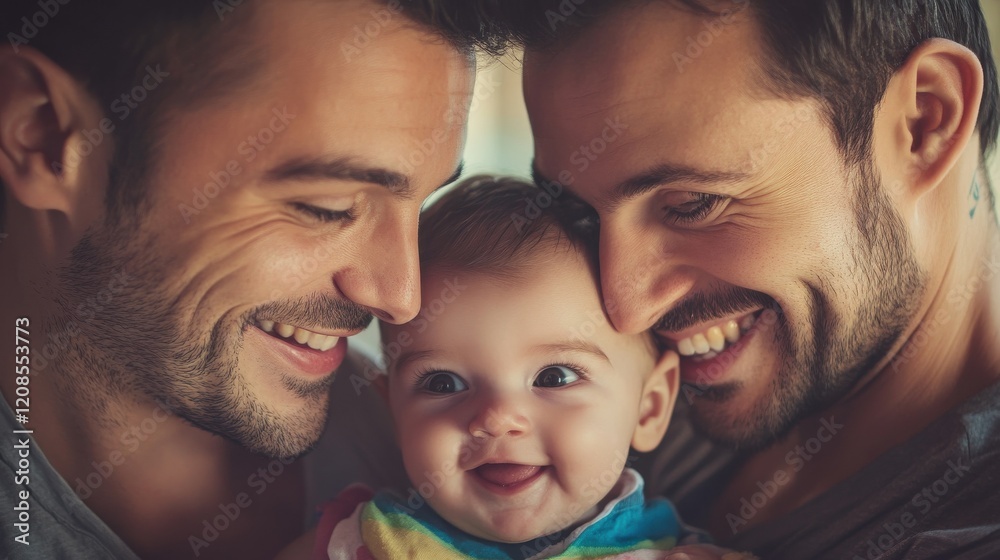 Mothers gay couple having fun with their baby son at home - Family, lgbt and love concept - Main focus on right mother eye Mothers gay couple having fun with their baby son at home - Family, lgbt and love concept - Main focus on right mother eye