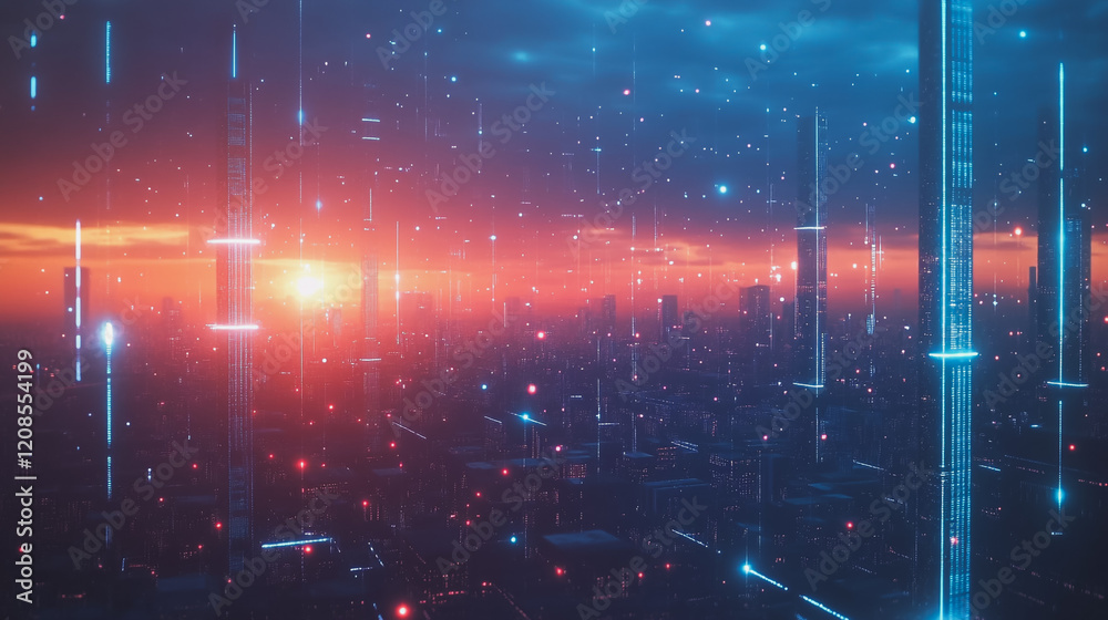 Obraz premium Smart digital Innovation city with connection network reciprocity over the cityscape. of future smart wireless digital city and social media networking systems that connects people with in city