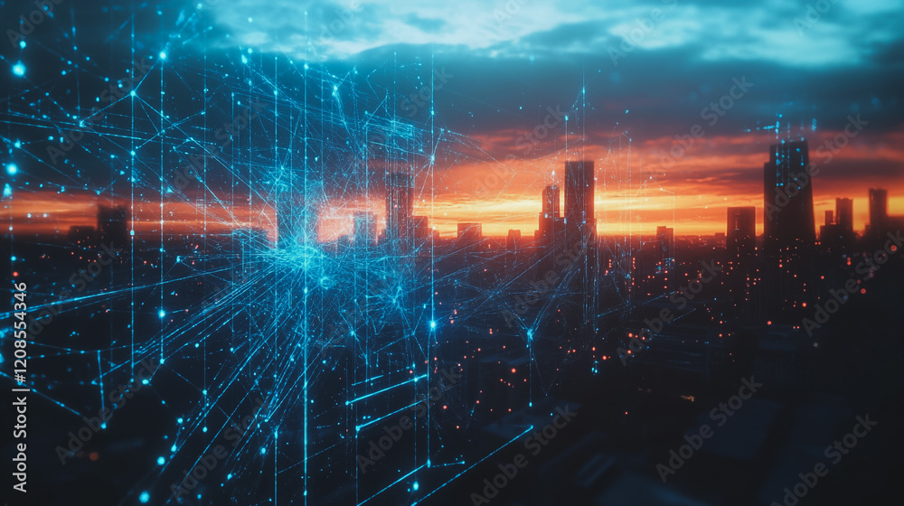 Fototapeta premium Smart digital Innovation city with connection network reciprocity over the cityscape. of future smart wireless digital city and social media networking systems that connects people with in city