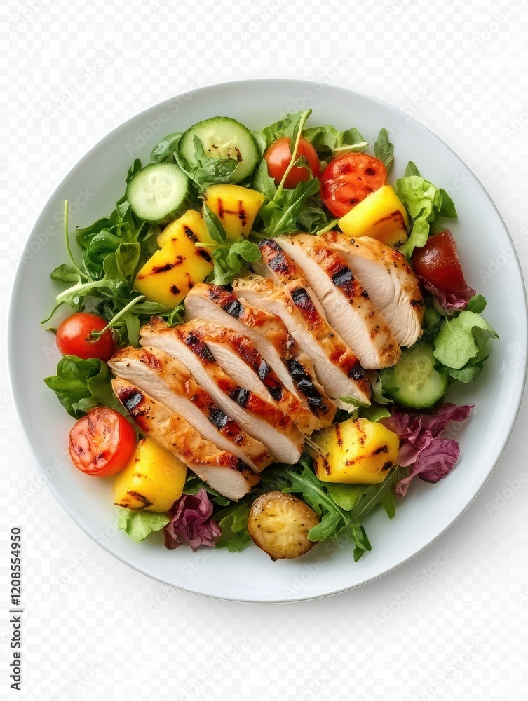 Set of healthy, fresh keto salad with sliced grilled chicken, ham, and grilled vegetables is placed on a white plate, isolated on transparent background. Set of healthy, fresh keto salad with sliced grilled chicken, ham, and grilled vegetables is placed on a white plate, isolated on transparent background.