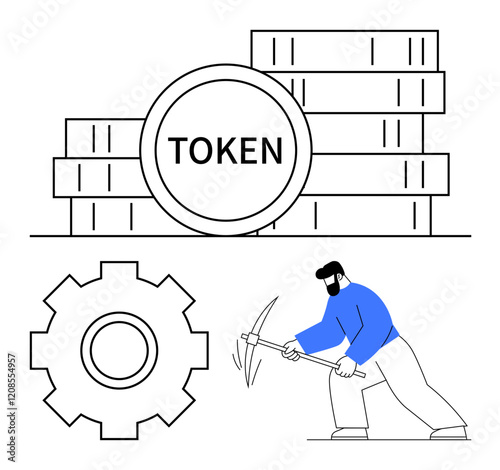 Miner striking with pickaxe near token coins stack and gear symbol. Ideal for blockchain, cryptocurrency, digital assets, mining, fintech, decentralized tech, and abstract line flat metaphor