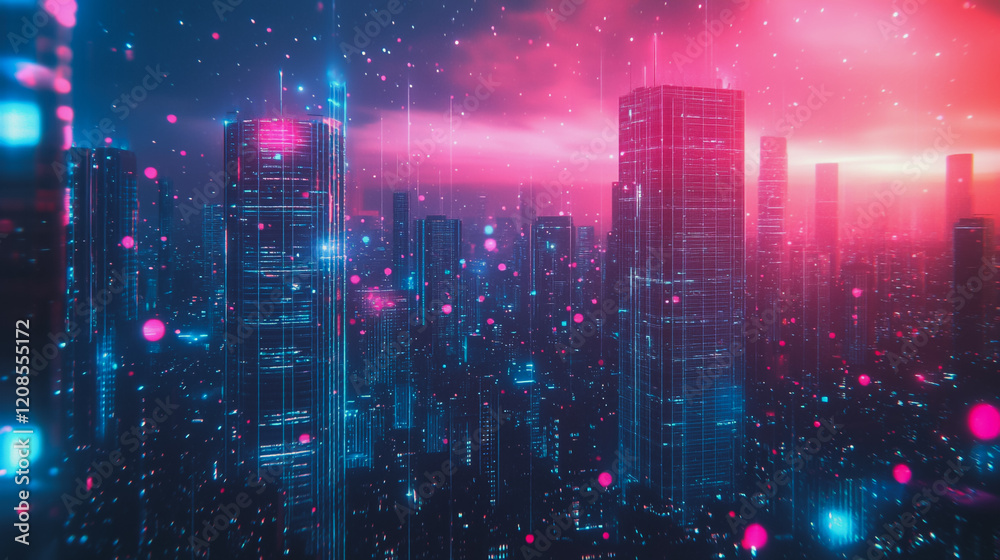 Obraz premium Smart digital Innovation city with connection network reciprocity over the cityscape. of future smart wireless digital city and social media networking systems that connects people with in city