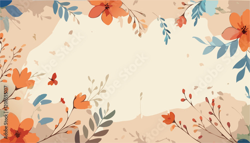Autumn flowers composition. Abstract vector art floral background vector, wallpaper with watercolor, leaf framed, flower, vivid foliage, aquarelle frame, in green and blue, summer colors.