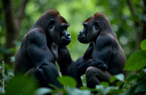 couple of gorillas sitting together close up in forest on blurred green background photo