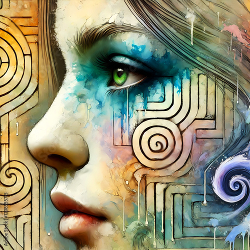 girl side profile abstract art with watercolor splashes on gold colors and lines shapes maze labirynth