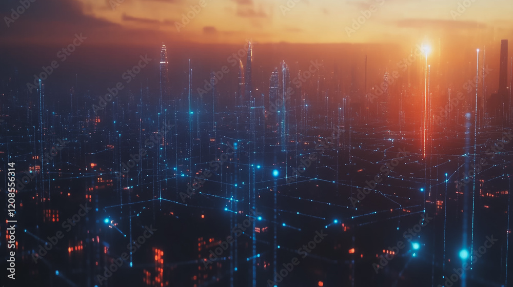 Obraz premium Smart digital Innovation city with connection network reciprocity over the cityscape. of future smart wireless digital city and social media networking systems that connects people with in city