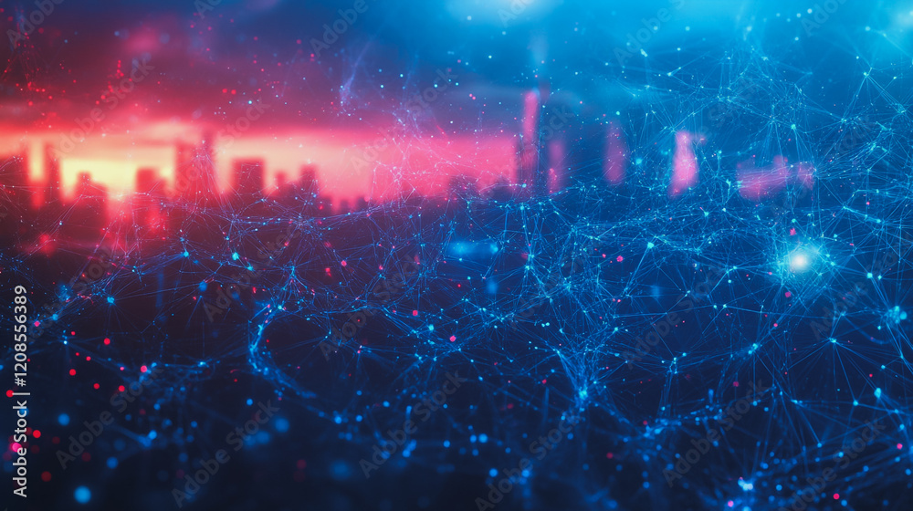 Obraz premium Smart digital Innovation city with connection network reciprocity over the cityscape. of future smart wireless digital city and social media networking systems that connects people with in city