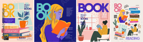 Reading Books Illustration Set. Set of vector illustrations young people reading books. Vibrant, modern design for poster, banner, and advertising.