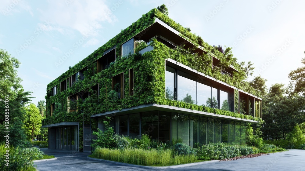 Modern eco-friendly building covered in greenery Modern eco-friendly building covered in greenery