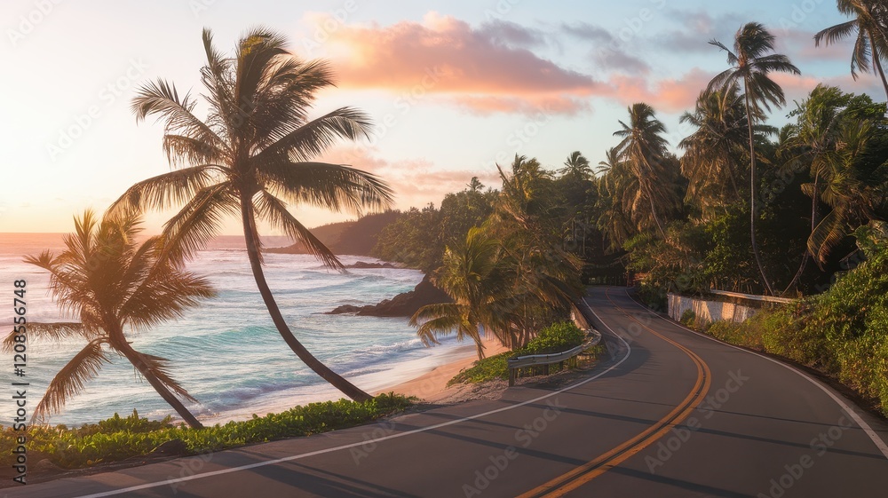 Scenic coastline view at sunset, featuring palm trees lining a winding road beside crashing waves and a colorful sky. Scenic coastline view at sunset, featuring palm trees lining a winding road beside crashing waves and a colorful sky.