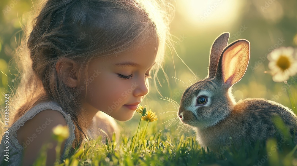 Adorable little girl with bunny rabbit in a sunny field Adorable little girl with bunny rabbit in a sunny field