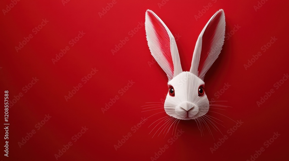 Obraz premium Easter greeting card featuring white paper cut bunny on vibrant red background
