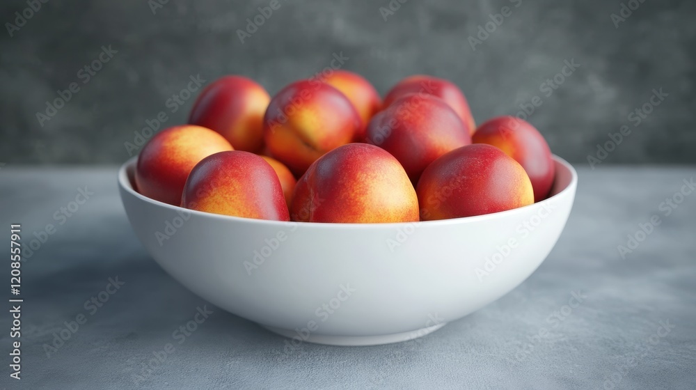 Ripe nectarines in white bowl on gray surface Ripe nectarines in white bowl on gray surface