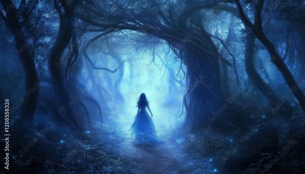 Surreal Encounter: A Lost Beautiful Woman Wanders Through A Dark Enchanted Forest, Captivated By Its Magic And Mystery. Surreal Encounter: A Lost Beautiful Woman Wanders Through A Dark Enchanted Forest, Captivated By Its Magic And Mystery.