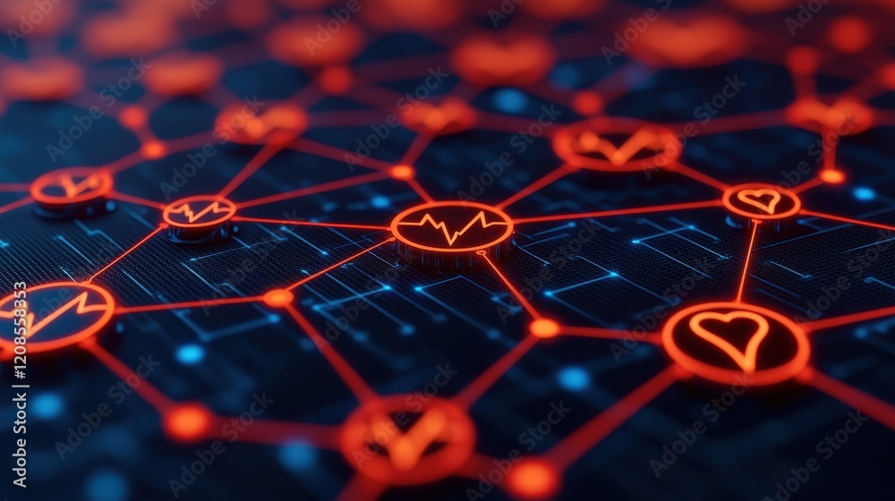 Obraz premium Abstract Network Connections with Iconic Heartbeat Patterns