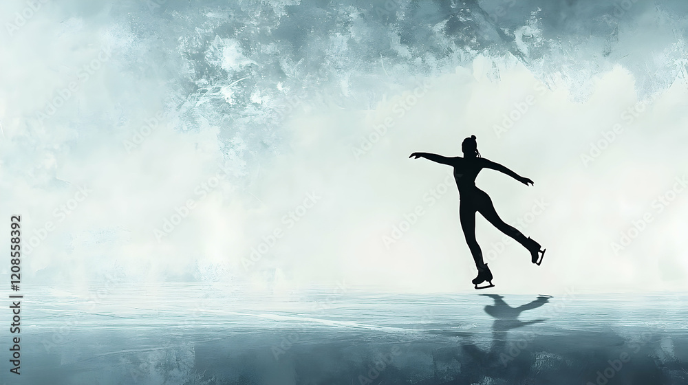 Ice skater performs a graceful routine on a frozen lake in a serene winter setting during the early morning hours Ice skater performs a graceful routine on a frozen lake in a serene winter setting during the early morning hours