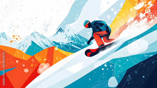 Snowboarder performs a trick on a colorful mountainous slope during winter