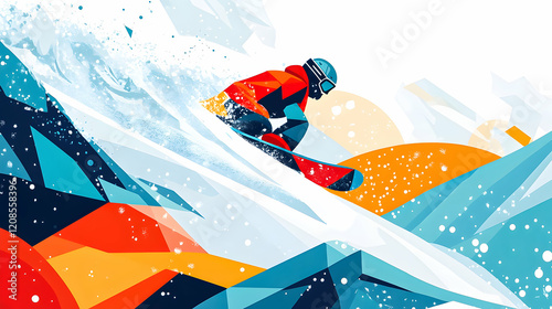 Snowboarder carving through vibrant slopes in a dynamic winter landscape
