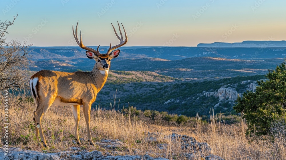 Fototapeta premium Majestic buck deer overlooking vast scenic landscape at sunset.